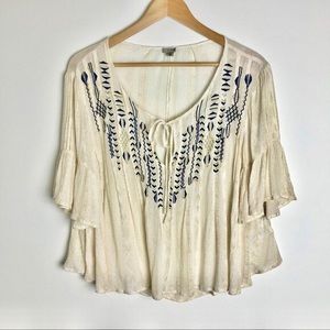 UO cream and blue embroidered peasant top